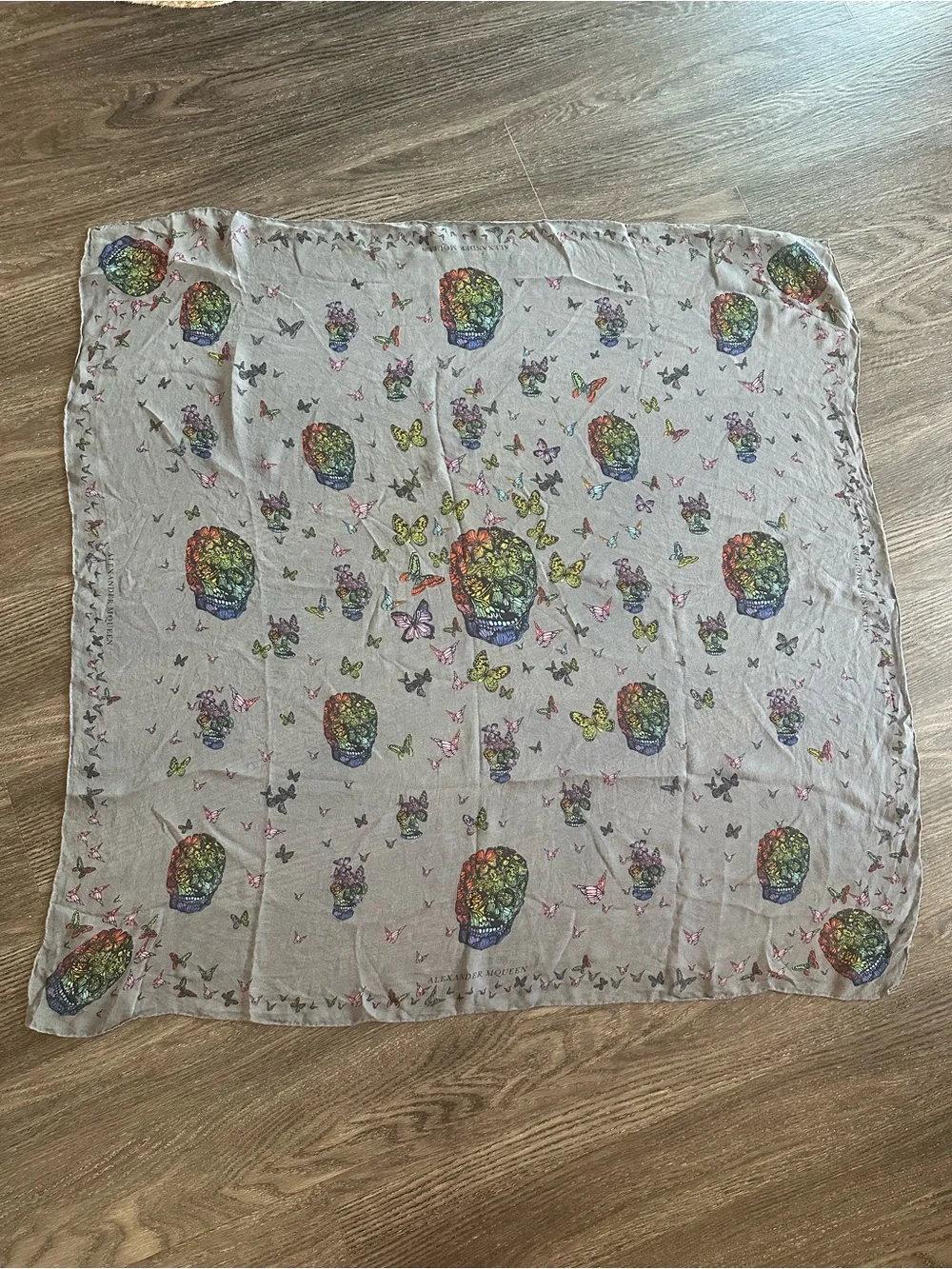 Alexander McQueen Butterfly Skull 100% Silk Scarf Grey Multicolor